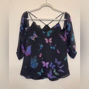 Express Vintage Y2K Lace Black with Colorful‎ Butterfly Design Blouse Size XS